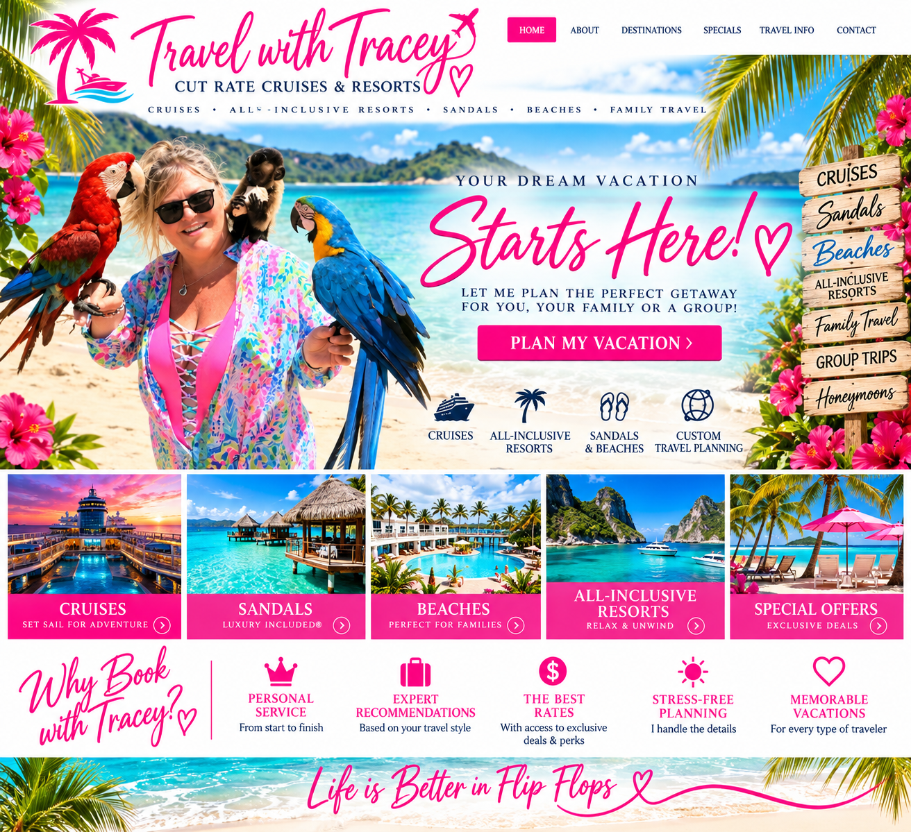 Approved Travel with Tracey tropical website design, featuring Tracey with parrots and a monkey, a beach, and vacation destinations